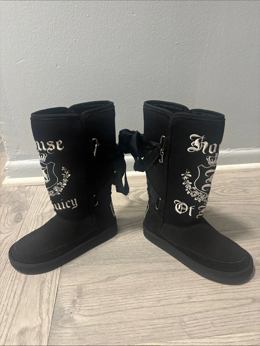 Kids Y2K Juicy Couture Black Jersey Knit Faux Suede Boots with White Embroidery